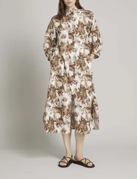 Abito midi chemisier a fantasia marrone e bianca MM con maniche a sbuffo e chiusura a bottoni nascosta - Max Mara - FashionsVida