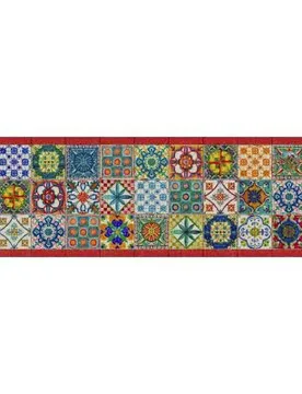 Tappeto Camastra a fantasia piastrelle siciliane multicolor e bordo rosso 52x180 cm - Tessitura Toscana Telerie - FashionsVida