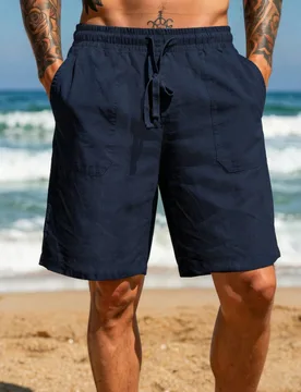 Pantalones cortos de playa para hombres de mezcla de lino: transpirables, ligeros y suaves, estilo de vacaciones en la playa, tela azul marino, cintur - Shein - FashionsVida
