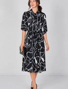 Women's Black & White Sketch Floral Belted Midi Shirt Dress Size: 14 - Black - Size: 14 - LOVE SUNSHINE - FashionsVida