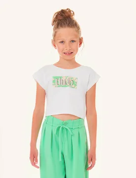T-shirt bianca in cotone stretch a maniche corte scollata con stampa floreale e logo in strass 10-16 anni - Liujo - FashionsVida