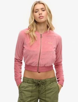 Superdry Damen Besticktes Baseballoberteil aus Velours mit Reißverschluss Pink - Größe: 42