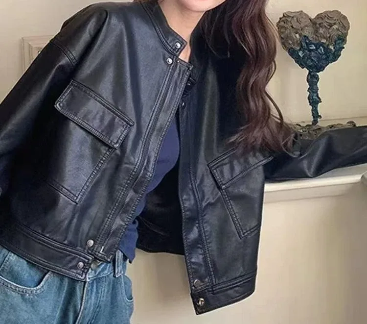 Spring and Autumn New Short Leather Jacket Versatile Short Top Jacket Loose - Aliexpress - FashionsVida