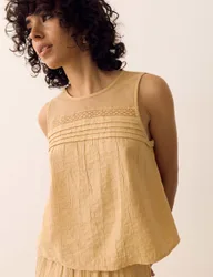 Lace Insert Mesh Yoke Sleeveless Top Sandstone female