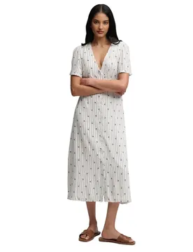 Robe Midi à Manches Courtes Print Button Tea Carnation Cream Ditsy Stripe M