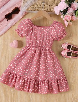 Vestido de cola de pez con cuello cuadrado, mangas abullonadas y estampado de corazones para niñas jóvenes en el Día de San Valentín