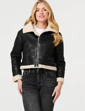 Faux Suede Teddy-Lined Cropped Jacket - Black - Size: 14 - Izabel London - FashionsVida