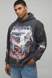 Herren Übergroßer Gothic Flammen-Print Gewaschener Hoodie Sweatshirt Washed Black Größe Medium