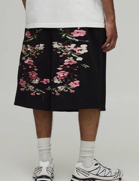 Herren Geblümt Bestickte Jersey Bermuda Jeans Hosen-Shorts Black Größe Medium