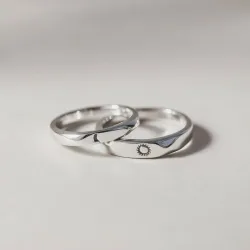 Flat Top Moon & Sun Promise Couple Matching Ring Set - Silver - Size: One Size