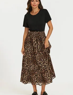 Women's Gold Foil Leopard Print Midi Skirt In Brown Size: Medium - Brown - Size: M - FS Collection - FashionsVida