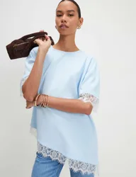 Lace Trim Asymmetrical T-Shirt Light Blue female