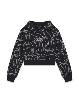 Felpa corta con cappuccio nera in cotone con stampa e logo ricamato - Guess - FashionsVida