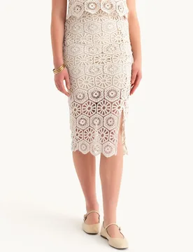 Womens Lace Crochet Mid Rise Skirt - Ivory - Size Large - Hiccup - FashionsVida
