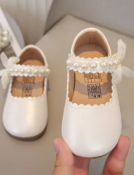Par de zapatos planos de princesa con decoración de perlas, encaje y lazo floral, cómodos y elegantes para niñas, adecuados para vestidos, vaqueros - Shein - FashionsVida