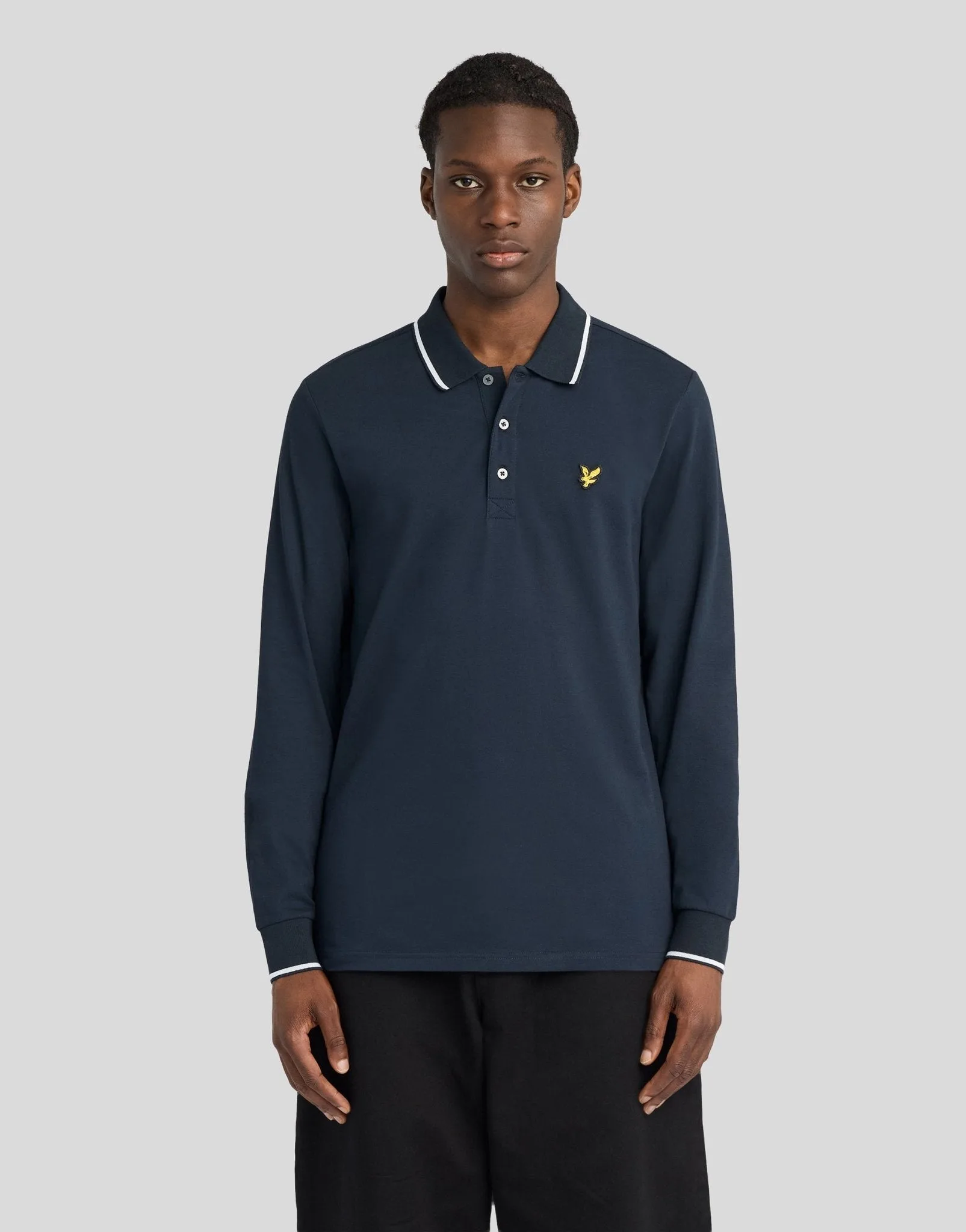 Men's Tipped Long Sleeve Polo Shirt Dark Navy/ White - Lyle & Scott - FashionsVida