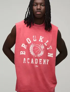 Men's Washed Oversized Brooklyn Print Tank Red Size Small Red S - boohooMAN - FashionsVida