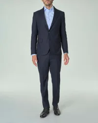Abito blu notte in tela di lana stretch con rever a lancia