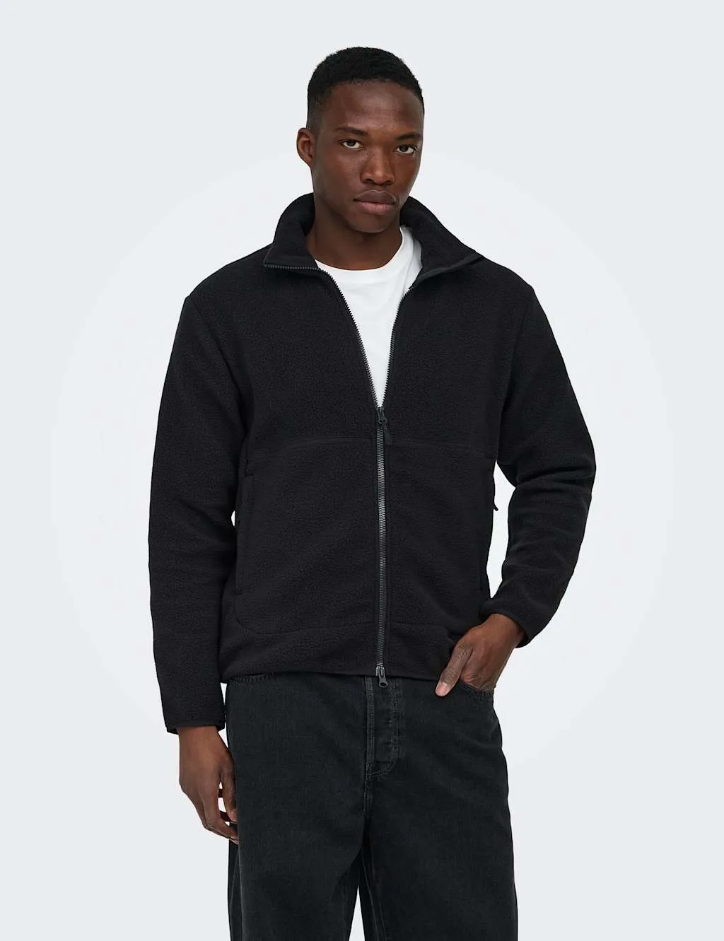 Fleece Zip Up Jacket Black male - ONLY & SONS - FashionsVida