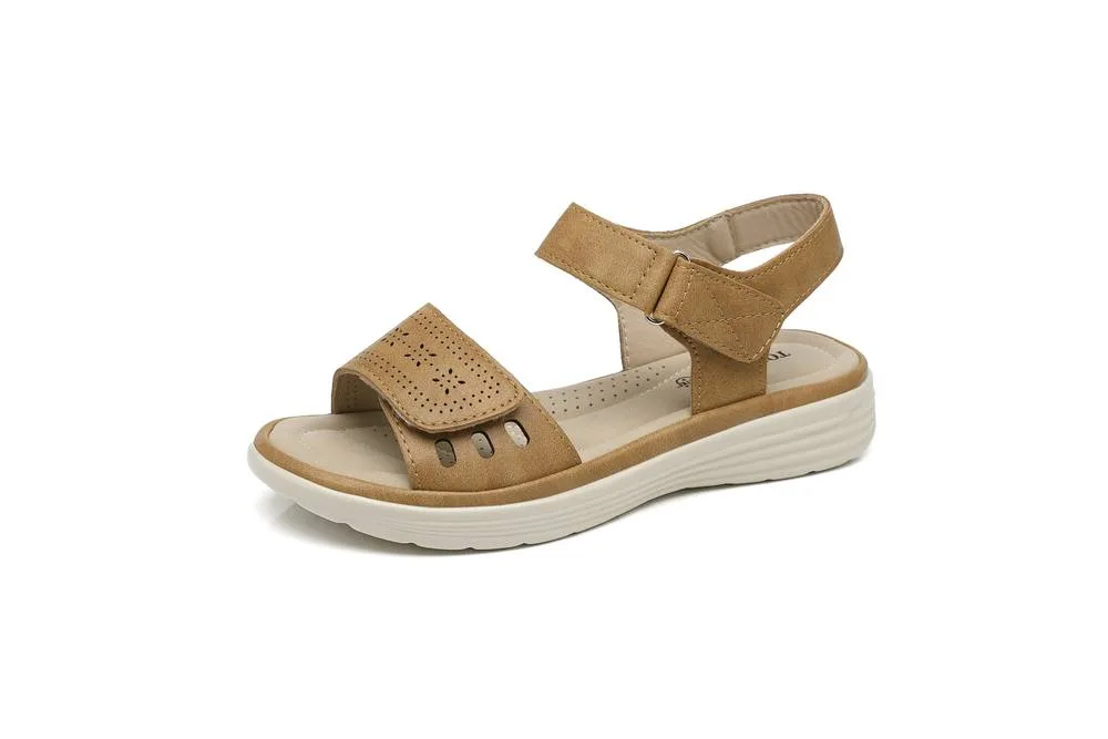 Adjustable Strap & Cushioned hook & loop Comfort Wedge Sandals - Camel - Size: 6 - IVACHY - FashionsVida