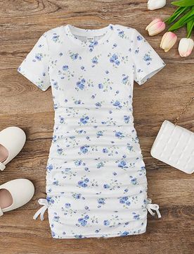 Vestido casual de punto con cuello redondo de flores sólido y recogido para niña joven - Vestido floral blanco - Vestido ajustado floral para niñas