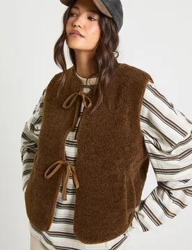 Womens Teddy Tie Detail Gillet - Chocolate - Size 12 Uk - Boohoo - FashionsVida