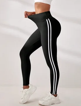 Leggings deportivos de fitness diario de cintura alta con raya lateral para mujer - Shein - FashionsVida