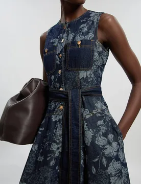 Women's Jacquard Denim Full Skirted Midi Dress in Dark Blue Size: 10 - Dark Blue - Size: 10 - Karen millen - FashionsVida
