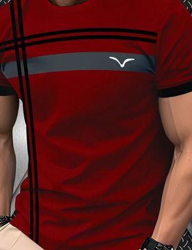 Camiseta casual de hombre con estampado de gaviota a rayas, cuello redondo, manga corta, camiseta deportiva con gráfico 3D, atuendo de verano versát