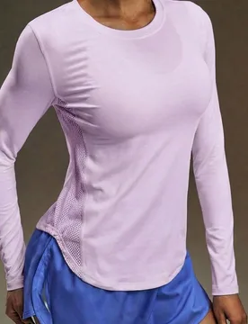 Camiseta deportiva de manga larga con patchwork y calado de unicolor - Shein - FashionsVida