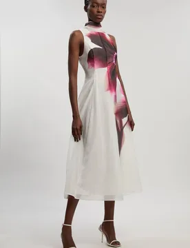 Women's Photographic floral organza scarf detail woven maxi dress in Pink Size: 10 - Pink - Size: 10 - Karen millen - FashionsVida