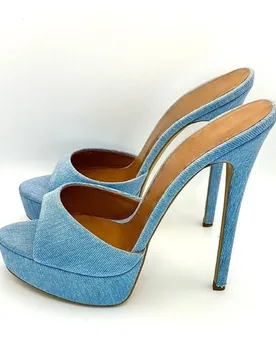 Arden Furtado Summer Blue denim Peep toe Slippers Round toe Platform Super high heel Word slippers Extra large size Modern Mules - Aliexpress - FashionsVida