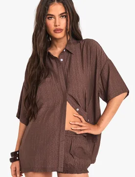 Womens Textured Stripe Short Sleeve Shirt - Chocolate Viscose - Size 8 Uk - Boohoo - FashionsVida