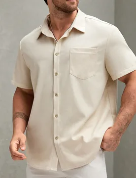 Camisa de manga corta de cuello simple urbana sencilla para hombre de tallas grandes, para papá - Shein - FashionsVida