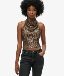 Superdry Damen Pailletten-top mit Wasserfallausschnitt Braun - Größe: 38