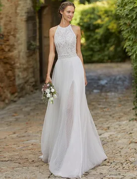 Modern O-Neck Lace Sleeveless Wedding Dress Boho A-Line Tulle Floor Length Bridal High Quality Sweep Train Bohemia Bride Gowns - Aliexpress - FashionsVida