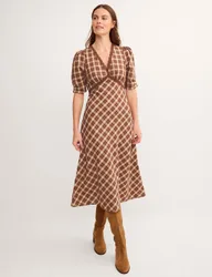 Checked V-Neck Midi Tea Dress Brown Mix female