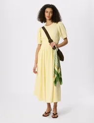 Pure Cotton Textured Gathered Midi Dress Yellow female