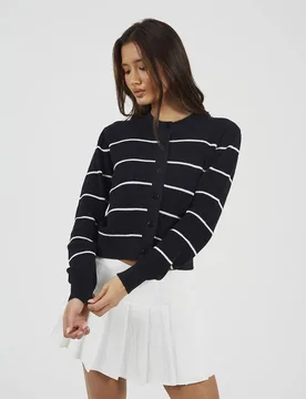 Striped Fisherman Knit Cardigan Sweater - Black - Size: L - Brave soul - FashionsVida