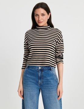 Blusa a righe in viscosa con collo alto - nero