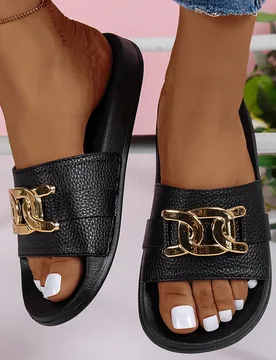 Sandalias planas de mujer con decoración de metal, versátiles y casuales, de punta abierta y de fácil deslizamiento, adecuadas para el hogar, vacac - Shein - FashionsVida