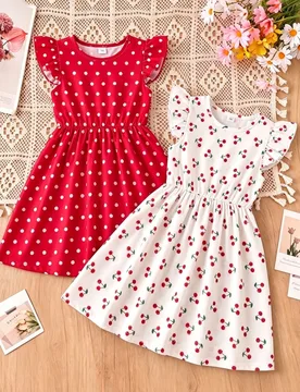 Conjunto de 2 piezas para niñas jóvenes, vestido de línea A con estampado floral de cereza y lunares, mangas volantes, dulce y lindo, adecuado para - Shein - FashionsVida
