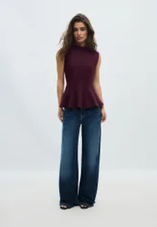 Ärmelloses Peplum-Top mit Stehkragen Purpurrot XL