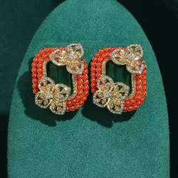 Vintage Square Green Glasss Red Rhinestone Flower Stud Earrings For Woman Antique Natural Stone Trendy Art Deco Jewelry Gift