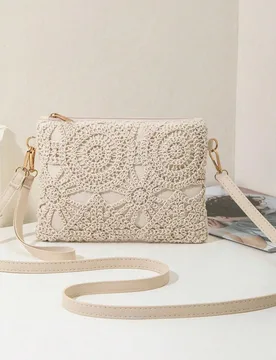 Mini bolso de playa tejido con patrón hueco, correa de muñeca, monedero y bolso de hombro, nuevo bolso de hombro pequeño multifuncional para mujer, - Shein - FashionsVida