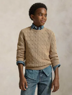 Maglia color cammello Polo in cotone a trecce e logo pony in tono - Ralph Lauren - FashionsVida