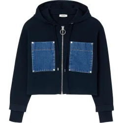 Sudadera de punto mixto denim con cremallera de mujer con capucha