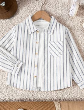 Camisa de manga larga a rayas azul marino con bolsillo parche, adecuada para reuniones casuales y ocasiones formales, para niños y niños pequeños