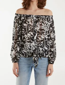 Tie Front Bardot Top - S / BLACK - female - Blue Vanilla - FashionsVida