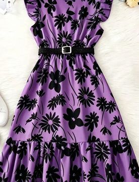 Textura Tejida] Vestido Distintivo Verde Floral de Largo Medio Con Cinturón Para Chicas Adolescentes - Cuello Redondo Casual, Mangas Con Volantes, Po